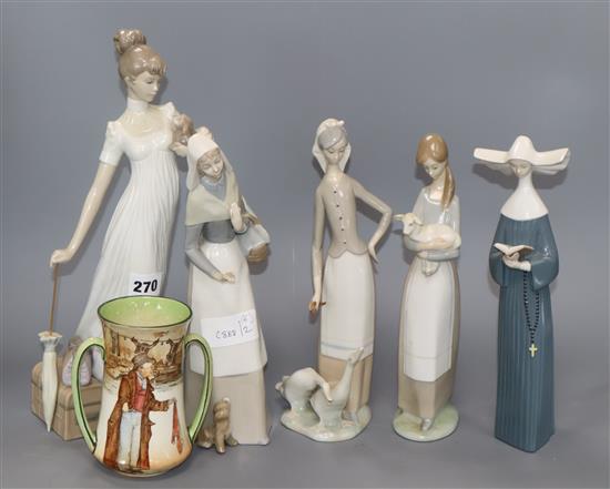 Five Lladro porcelain figures and a Doulton series ware two handled cup
